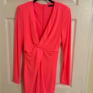 Zara Neon Pink Twist-Front Long Sleeve Dress